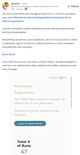 StackMoxie_customer_praise_on_linkedin